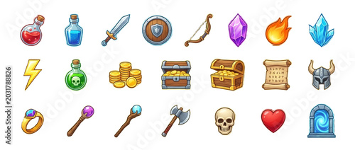 Set of fantasy game items and RPG icons on white background