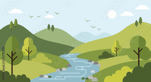 Foto Serene River Valley Landscape Illustration: Rolling Hills, Trees, and Flowing Wa