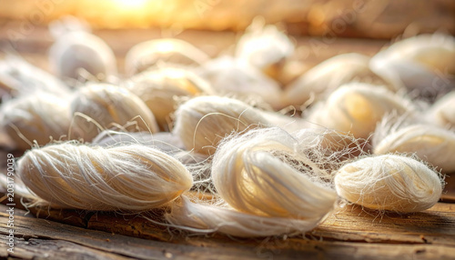 Close up of fluffy white yarn with warm lighting and wooden texture
