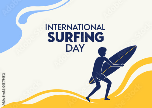 Canvas Print International surfing day illustration with a surfer running on the beach with a