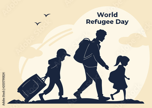 Fotografia family of refugees walking together on world refugee day with luggage and backpa