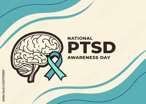 National PTSD awareness day with brain and teal ribbon on beige background