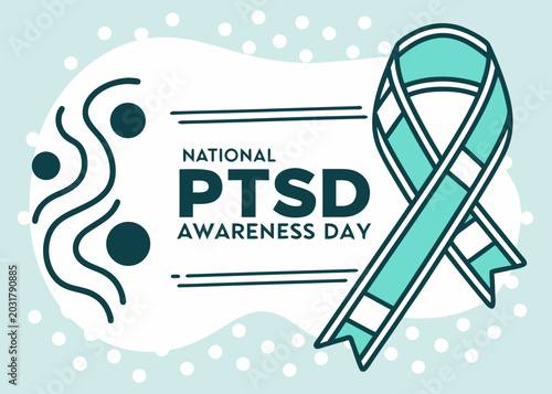 National PTSD awareness day teal ribbon symbol for mental health support and education