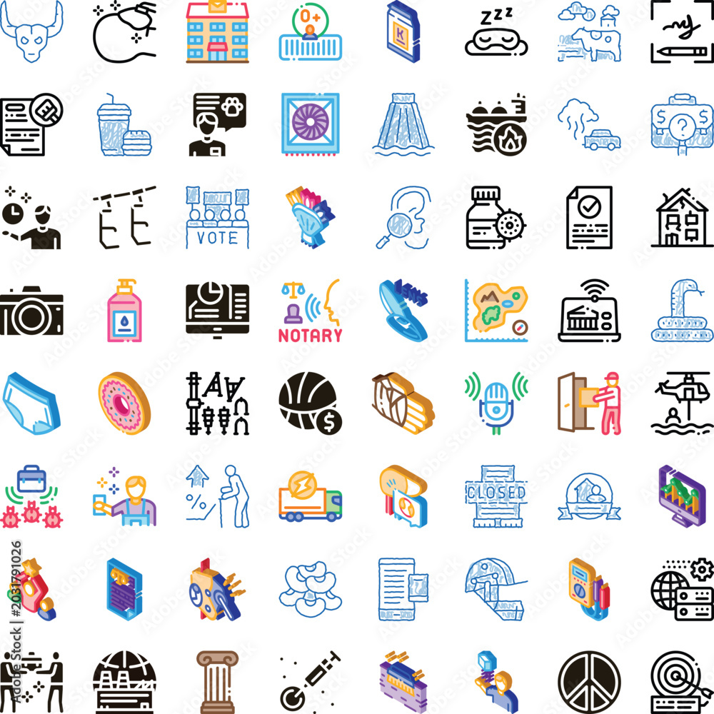 Fototapeta premium Variety of flat outline and isometric icons representing different concepts, businesses, services, and objects for graphic design and user interface elements