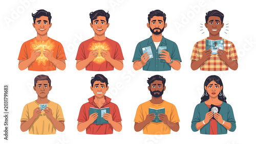 Photos Diverse Emotional Expressions: A collection of illustrated individuals displaying a wide spectrum of human emotions, from joy and excitement to sadness and concern