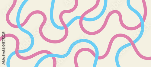 Abstract playful wavy line background. Minimal pink and blue curved stripe wallpaper with organic swirl shapes in flat style
