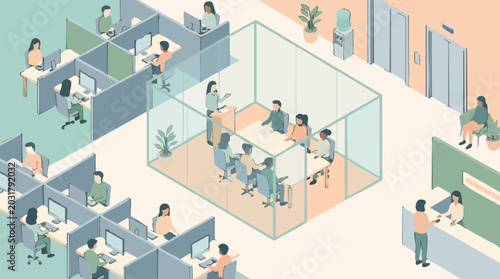 Isometric illustration of an open-plan office with cubicles and a meeting room