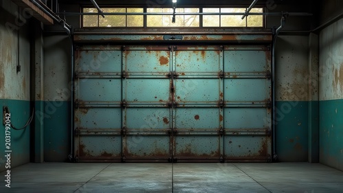 Rustic Industrial Garage Interior with Weathered Metal Roll-Up Door and Aged Walls