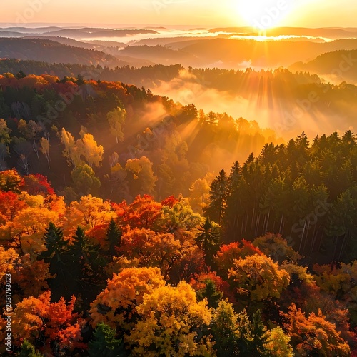 Sunrise over colorful autumn forest landscape.