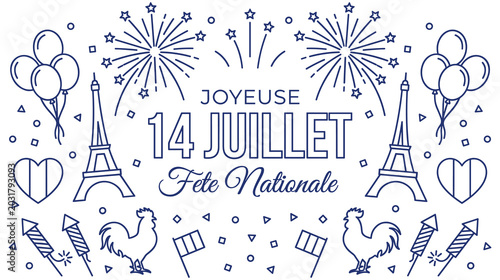 Tableau sur toile Fourteenth of july national holiday greeting card with fireworks and art