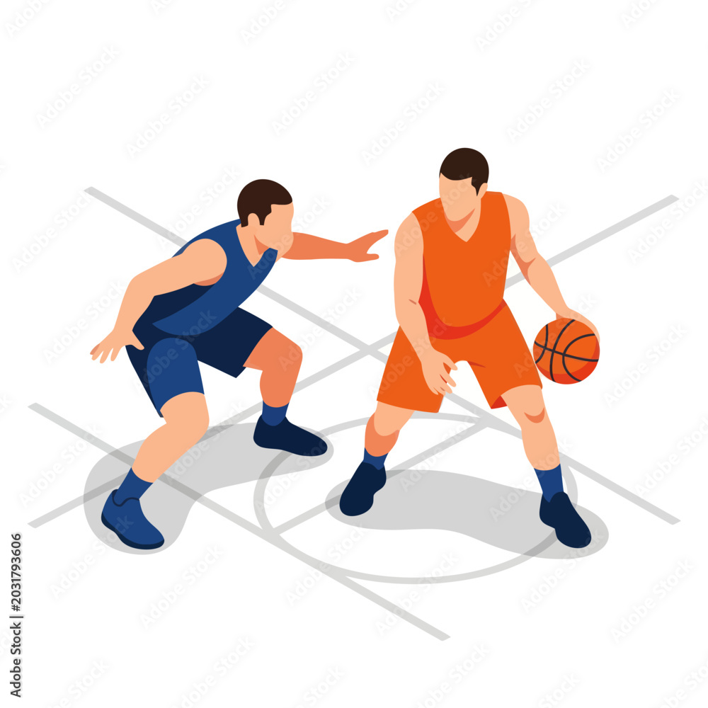 Fototapeta premium Two men playing basketball competitively.