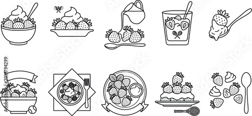 Outline icons of strawberry desserts and Wimbledon-themed elements.
