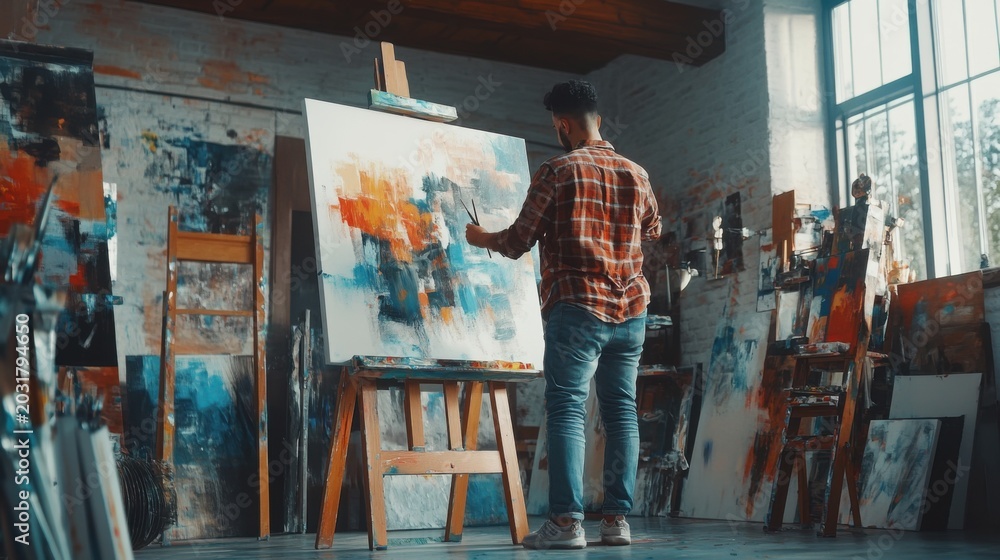 Obraz premium Artist's Inner World: Abstract Painting in a Spacious, Light-Filled Studio