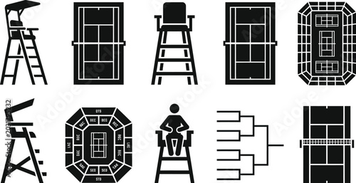 Tennis equipment and venue iconography collection.