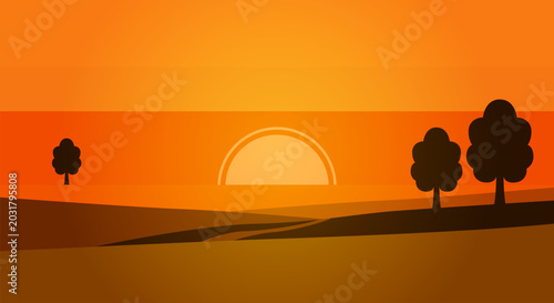 Bild auf Leinwand Atardecer en el campo con sol naciente entre colinas y siluetas de árboles