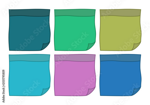 Quadro su tela Colección de seis notas adhesivas cuadradas, de tonos azules, verdes y morado