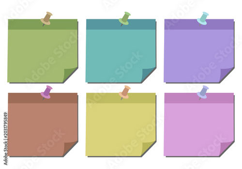 Tableau sur toile Colección de notas adhesivas de colores con chinchetas