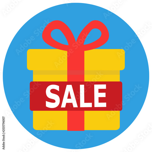 Gift box with SALE text icon, round blue vector symbol for holiday discount promotion, special present reward, retail bonus clearance isolated on white