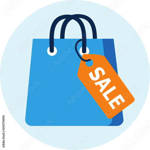 Shopping bag with orange SALE tag icon, round light blue vector symbol for retail boutique purchase, commercial paper bag carrier isolated on white