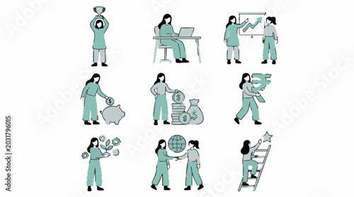 Fotografía Women in Business, Finance, Success and Achievement Illustrations Set