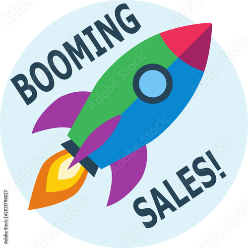 Booming sales rocket launch icon, round vector symbol for business revenue growth, startup marketing success, fast commercial scaling isolated on white