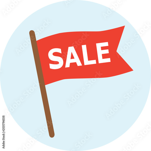 Red SALE flag on pole icon, round light blue vector symbol for outdoor retail advertisement, market promotional banner, store location marker isolated on white