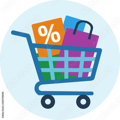 Shopping trolley full of bags with percentage icon, round vector symbol for retail grocery store purchase, consumerism checkout list isolated on white
