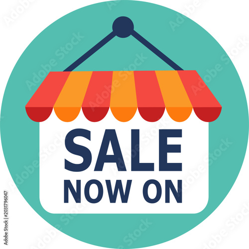 Storefront awning with SALE NOW ON sign icon, round green vector symbol for retail shop window display, active market promotional event isolated on white