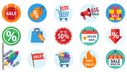 Sale and retail shopping icon set, colorful round vector symbols for discount promotion, special offer, percentage tag, shopping cart, marketing commercial layout elements