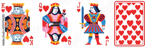 Foto Set of Colorful Heart Suit Playing Cards Featuring King, Queen, Jack, and Card B