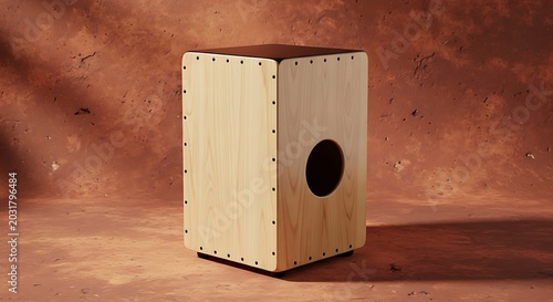 Wooden Cajon Percussion Instrument on Textured Brown Background
