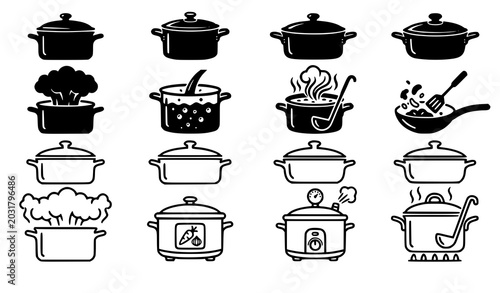 Принти на полотні Continuous line art cooking pot vector icon set with minimalist simple single li