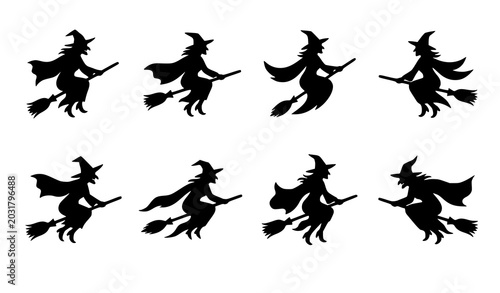 Schilderij op canvas Halloween witch flying on broomstick linocut vector illustration with black wood