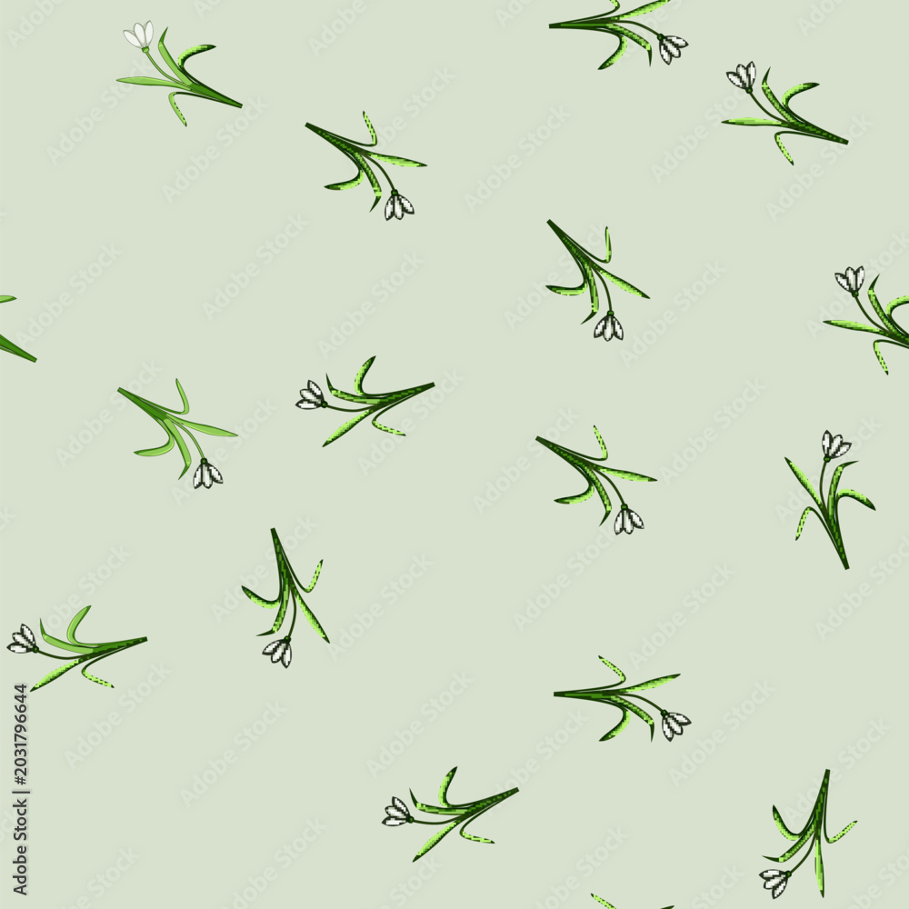 Obraz premium seamless pattern Snowdrop flower icon representing spring arrival, new beginnings, freshness, and nature revival, depicted with white petals and green leaves against a clean white background