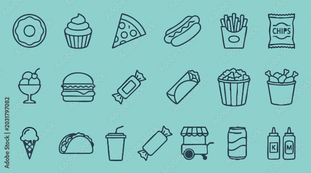Fototapeta premium Fast Food and Snack Line Art Icons Set on Teal Background