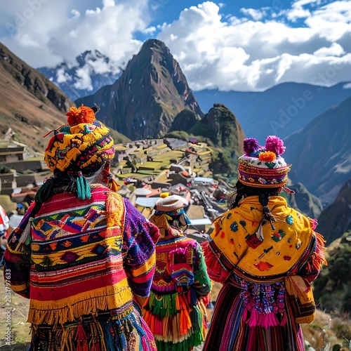 Vibrant Andean women overlooking Machu Picchu.