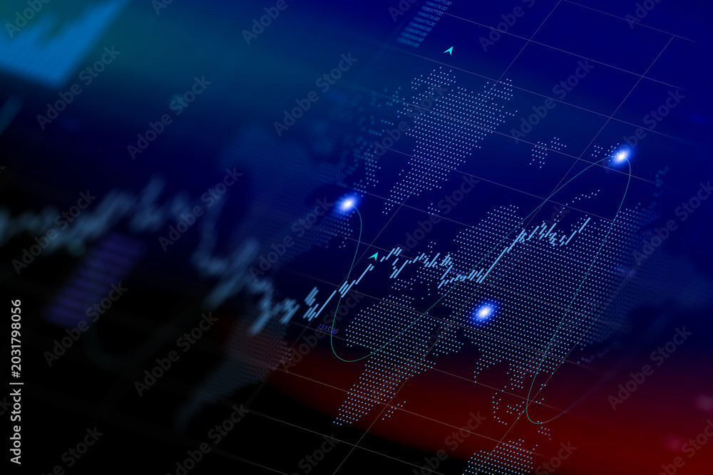 Obraz premium Stock market graph on computer screen with blue world map