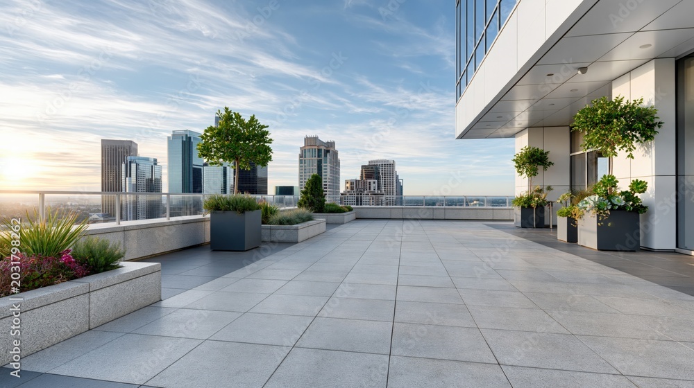 Fototapeta premium Spacious modern rooftop terrace with city skyline view, lush greenery, and sunny sky