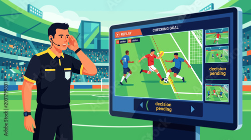 Soccer referee checking VAR screen for goal decision in a full stadium clean flat illustration