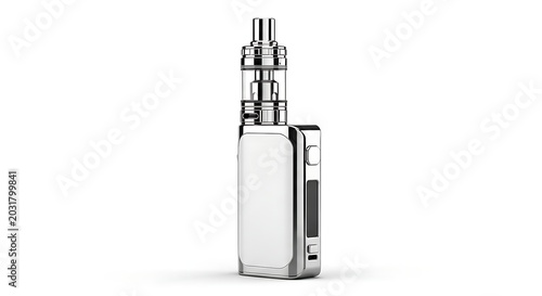 ​A sleek chrome and white electronic cigarette box mod kit isolated on a clean white background.
