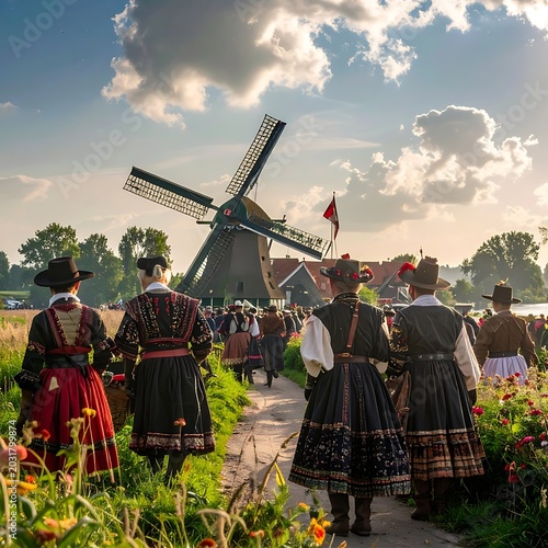 Traditional Dutch Women Walking Towards Windmill.