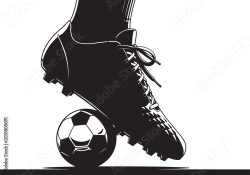 Black silhouette football boot standing on soccer ball shoe