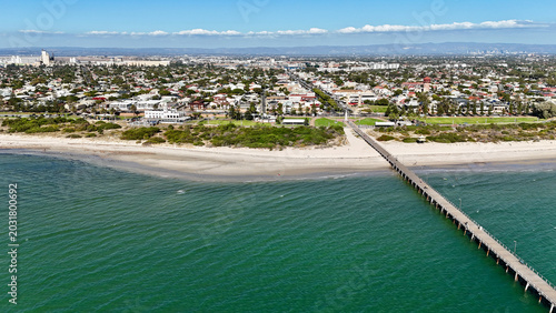Obraz na płótnie Semaphore Beach, Adelaide, South Australia: 4K aerial drone view of long jetty,