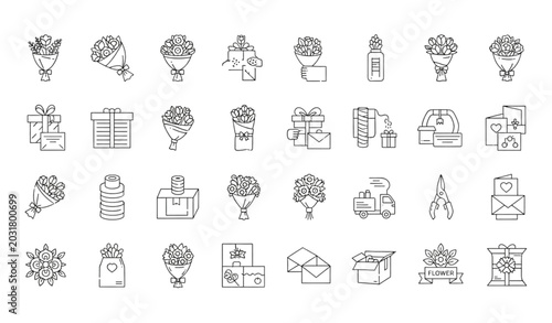 Tableau sur toile Flower bouquet line icon set for florist delivery and gift packaging vector illu