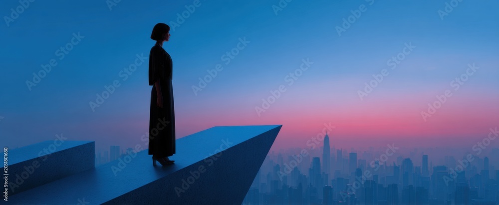 Obraz premium woman on a modern rooftop with skyline highlights innovative leadership and peak success 3d render