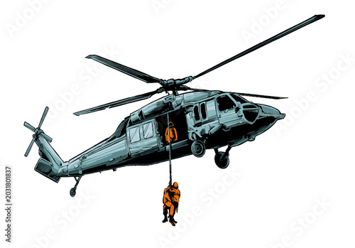 Quadro su tela Helicopter flying in the sky in action military rescue aircraft aviation transpo