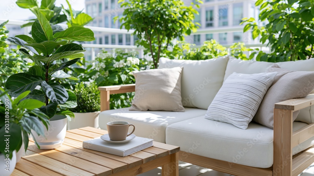 Fototapeta premium Relaxing Modern Outdoor Patio Furniture with Lush Greenery and City View