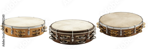 Tableau sur toile Traditional tambourines collection with natural drumheads, jingles and wooden sh