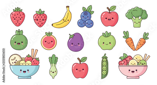 Set of cute kawaii style fruits and vegetables with happy faces.