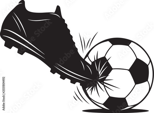 Black soccer cleat kicking black and white soccer ball